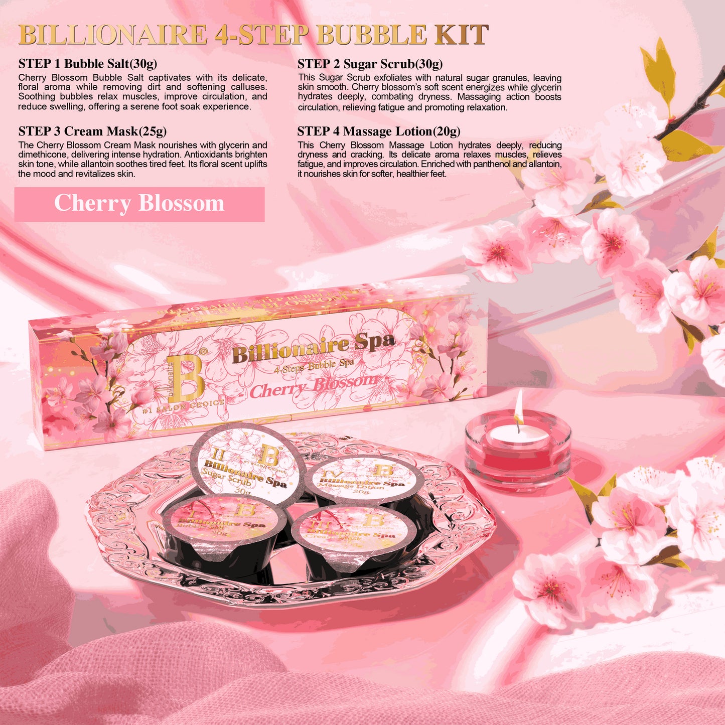 Billionaire Bubble Spa Nail Deluxe Pedicure Kit 4 Steps - Cherry Blossom - (Case: 50Pcs)