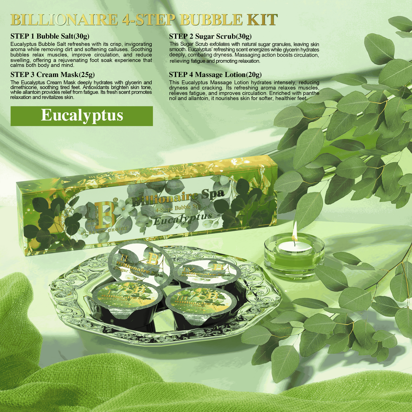 Billionaire Bubble Spa Nail Deluxe Pedicure Kit 4 Steps - Eucalyptus