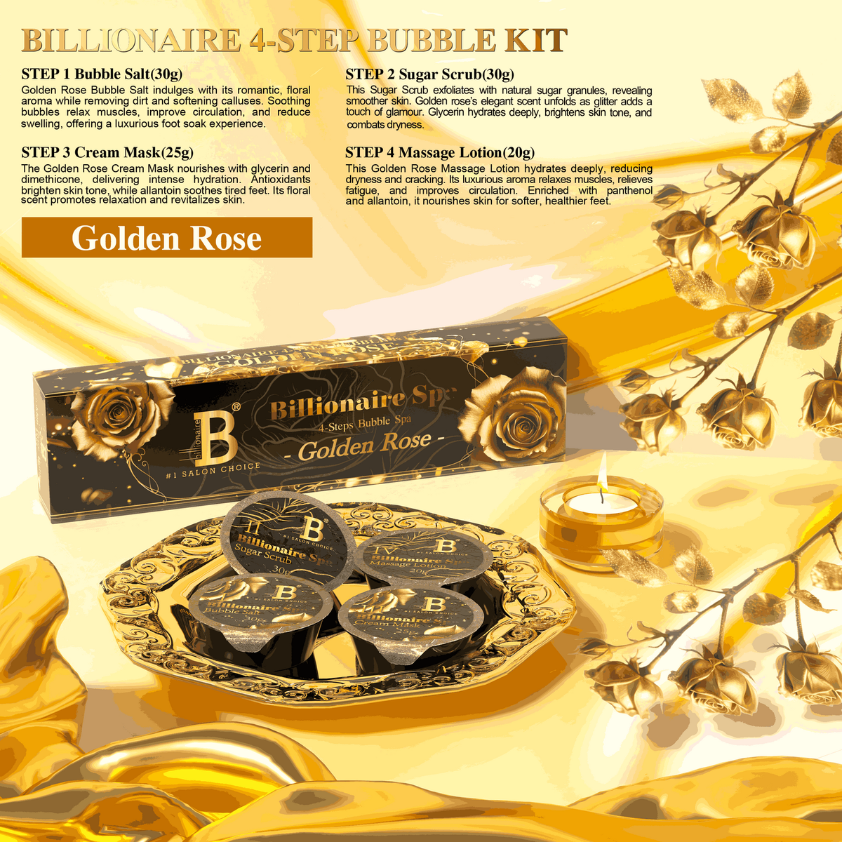 Billionaire Bubble Spa Nail Deluxe Pedicure Kit 4 Steps - Golden Rose - (Case: 50Pcs)