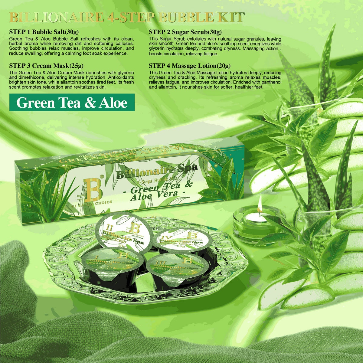 Billionaire Bubble Spa Nail Deluxe Pedicure Kit 4 Steps - Green Tea & Aloe Vera - (Case: 50Pcs)