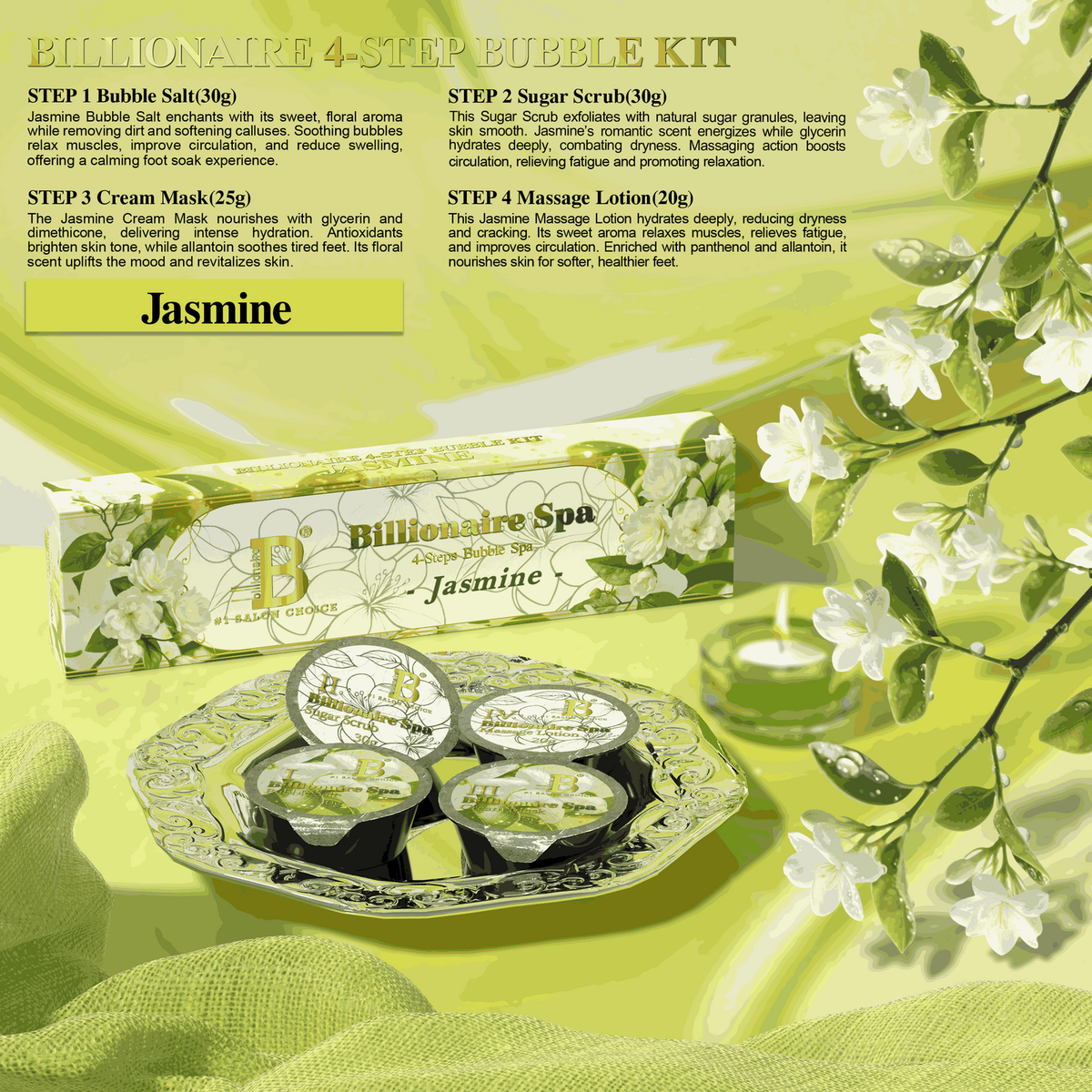 Billionaire Bubble Spa Nail Deluxe Pedicure Kit 4 Steps - Jasmine - (Case: 50Pcs)