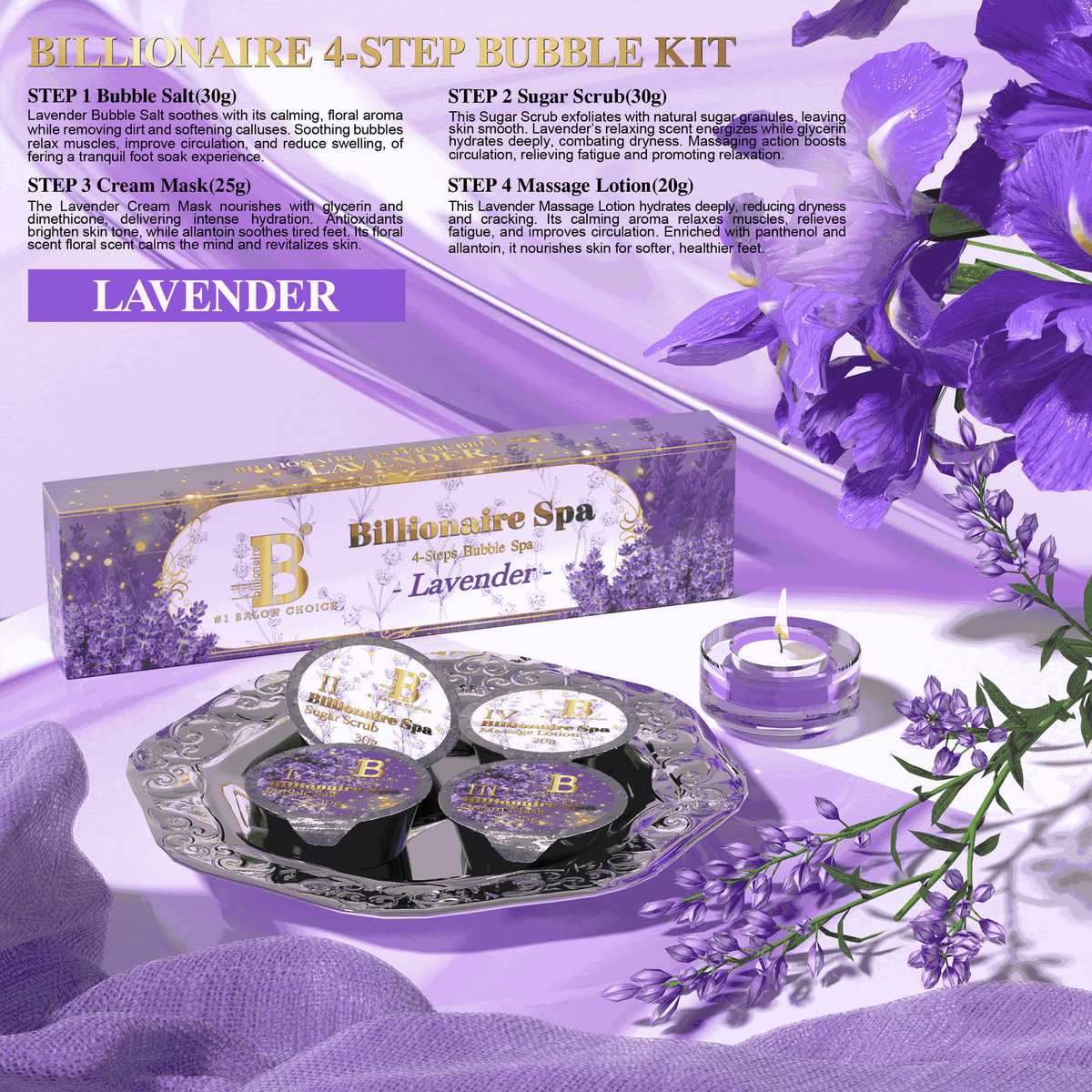 Billionaire Bubble Spa Nail Deluxe Pedicure Kit 4 Steps - Lavender - (Case: 50Pcs)