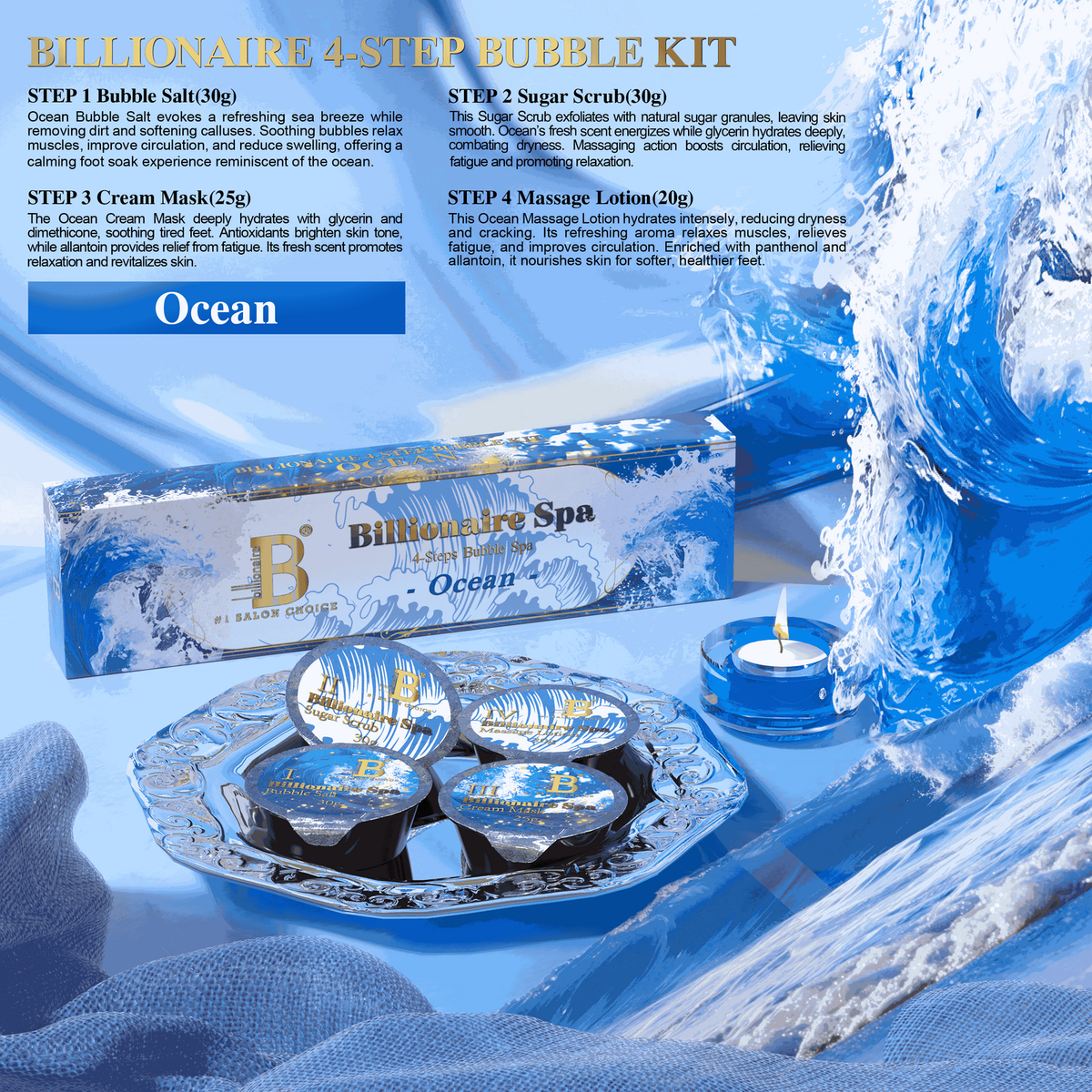 Billionaire Bubble Spa Nail Deluxe Pedicure Kit 4 Steps - Ocean - (Case: 50Pcs)
