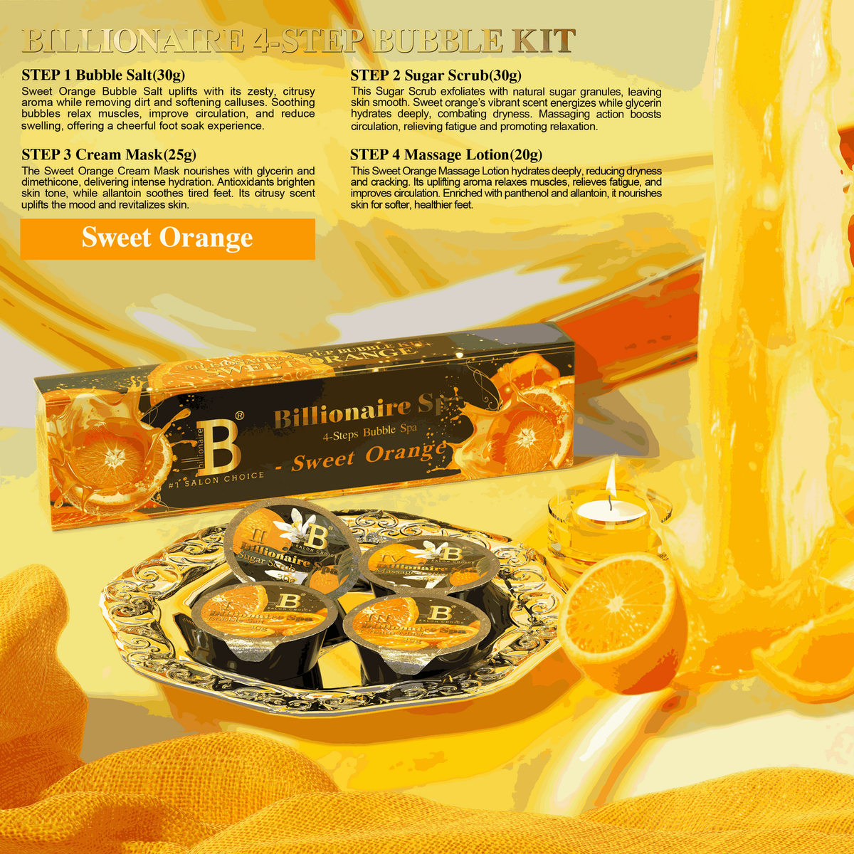 Billionaire Bubble Spa Nail Deluxe Pedicure Kit 4 Steps - Sweet Orange - (Case: 50Pcs)