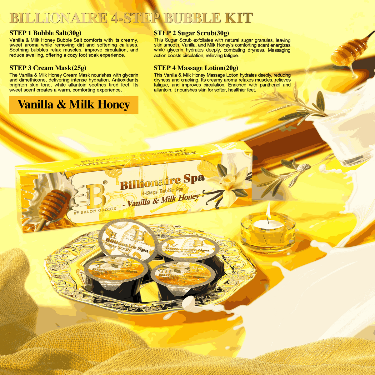 Billionaire Bubble Spa Nail Deluxe Pedicure Kit 4 Steps - Vanilla & Milk Honey - (Case: 50Pcs)