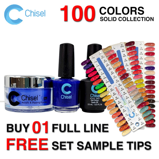 Chisel 3in1 Dipping Powder + Gel Polish + Nail Lacquer, Solid Collection, Full line of 100 colors (From SOLID001 to SOLID100)
