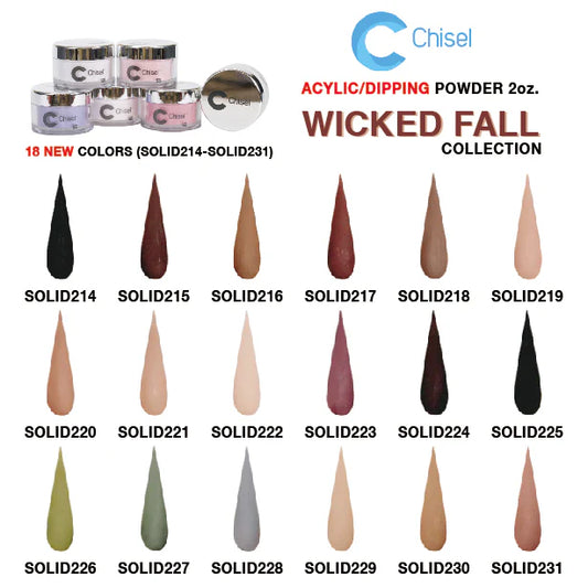 Chisel 2in1 Acrylic/Dipping Powder, (Wicked Fall) Solid Collection, Full Line Of 18 Colors (From SOLID214 To SOLID231), 2oz
