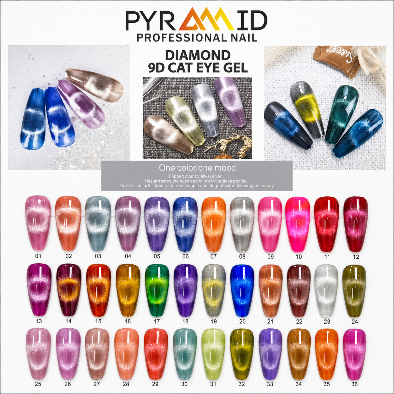 Pyramid 9D Diamond Cat Eye Gel Collection – 36 Colors | Magnetic Glitter Nail Polish